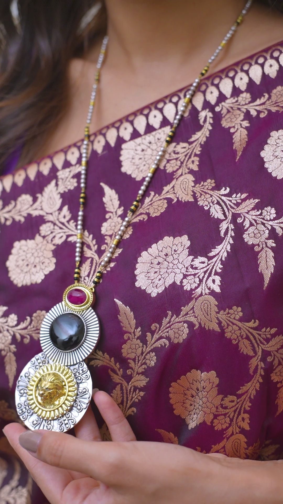 Majestic Lion Figure Long  Silver Pendant with Exotic Stones